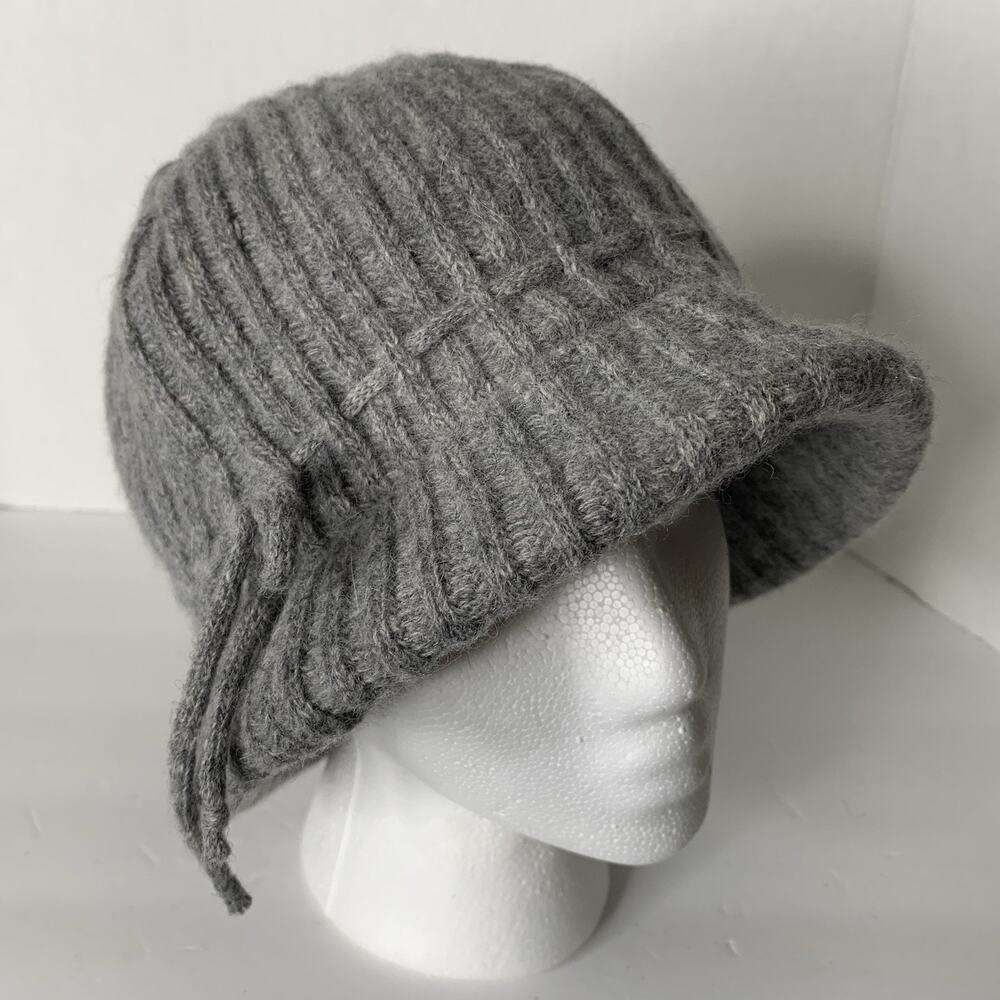 AQUA Gray Wool Angora Cloche Hat Made Italy Wired Brim Rib Knit